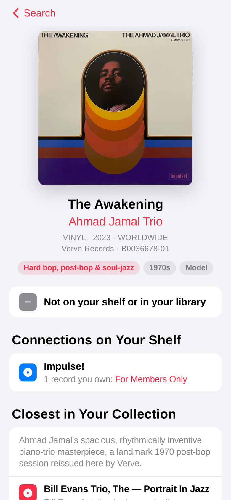 A record card for The Awakening by the Ahmad Jamal Trio: sleeve art, format, label and catalogue number, genre tags and a note that it is not on the shelf.