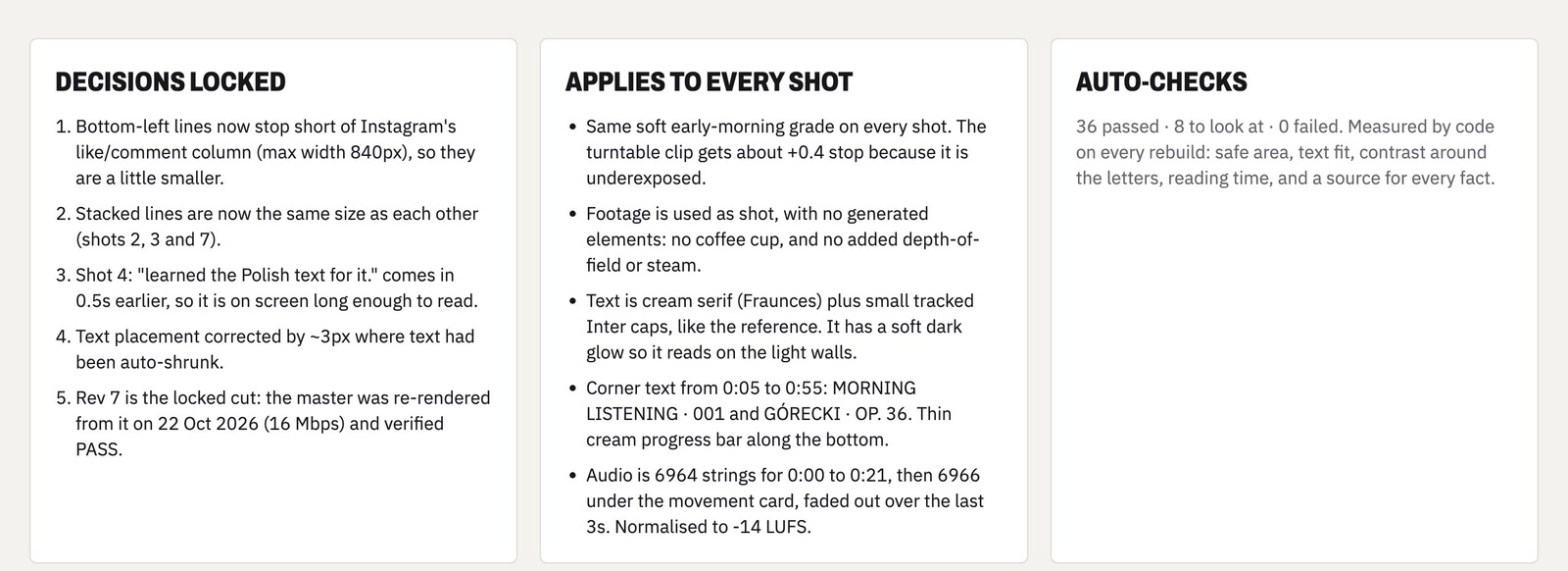 The foot of the storyboard: the five decisions locked for the final cut, the rules applied to every shot, and the automatic check result of 36 passed, 8 to look at and 0 failed.